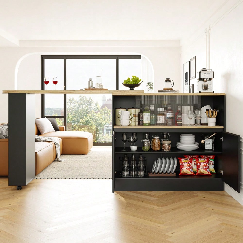 (N620P20771617S)Um 360° drehbare Essbar (Hauptkörper 90 x 45 x 100 cm), modernes, einfaches, multifunktionales, drehbares Sideboard mit Ablageflächen und Glas, geeignet für Küchen und Restaurants