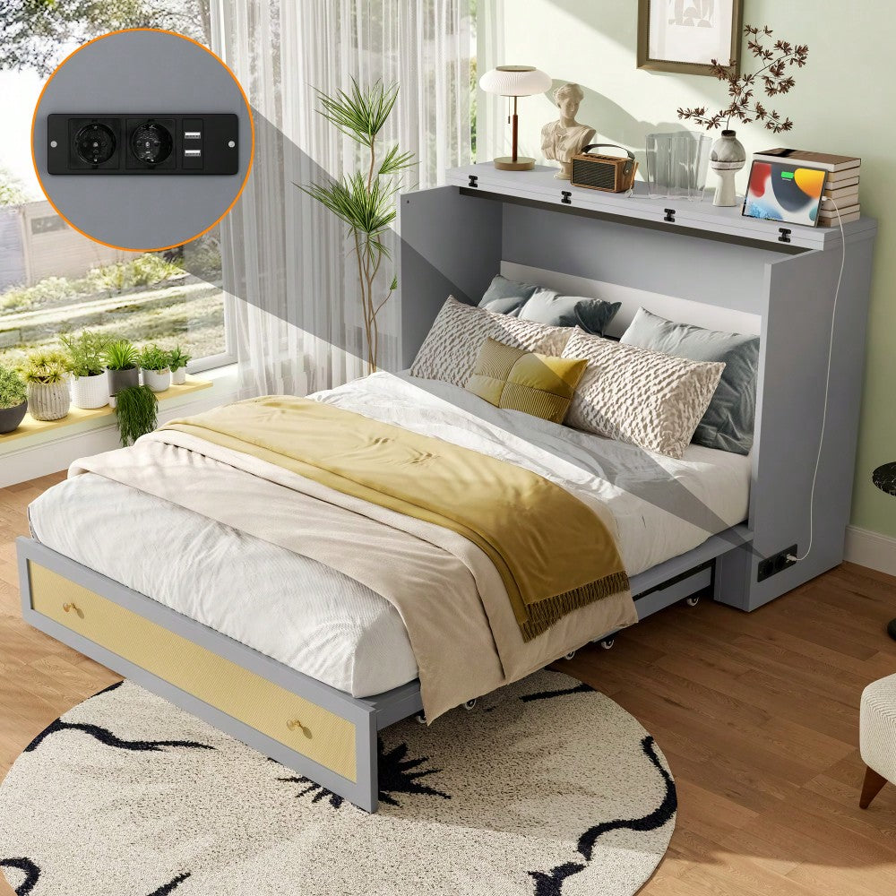 Schrankbett, 140 x 200, Mobiles Schrankbett mit Schubladen am Bettende und Regal am Kopfende des Bettes, mit USB und Steckdose, Umbaubares Plattformbett, Ohne Matratze, Grau