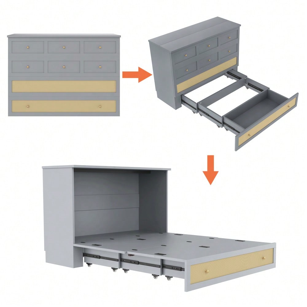 Schrankbett, 140 x 200, Mobiles Schrankbett mit Schubladen am Bettende und Regal am Kopfende des Bettes, mit USB und Steckdose, Umbaubares Plattformbett, Ohne Matratze, Grau
