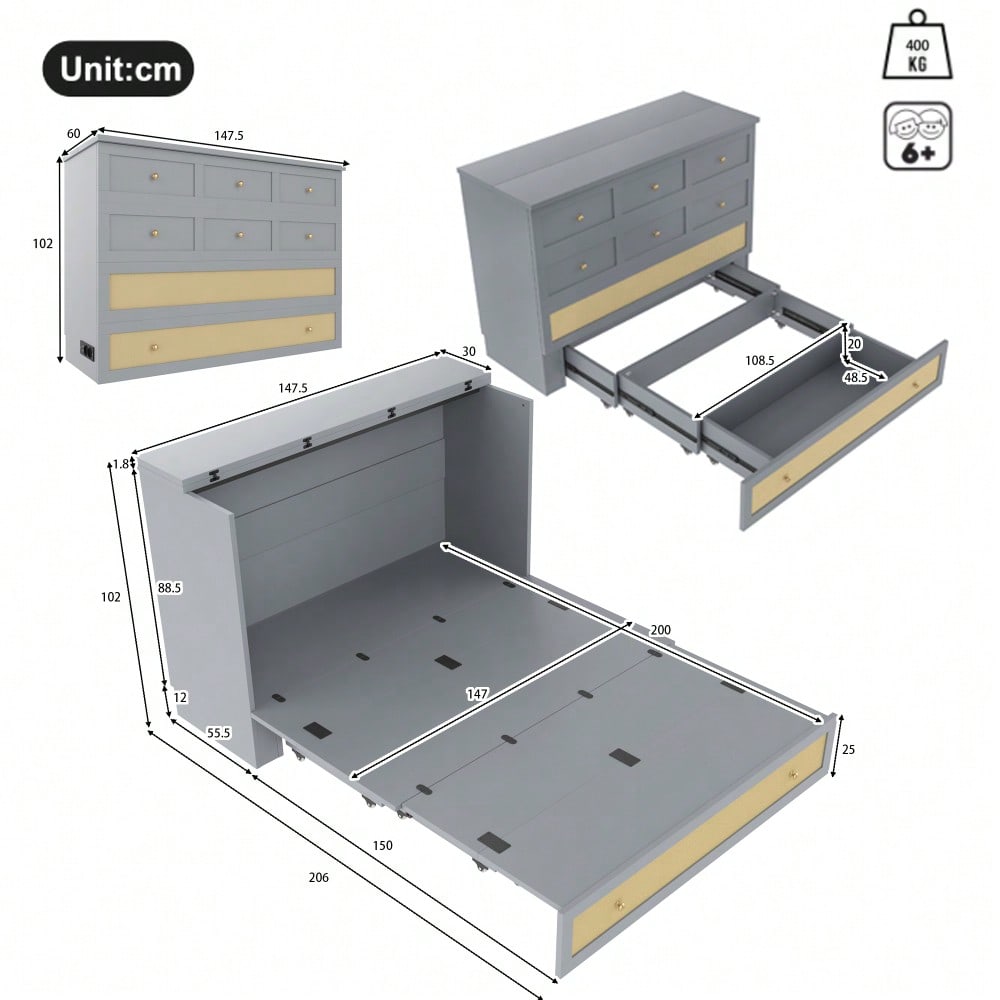 Schrankbett, 140 x 200, Mobiles Schrankbett mit Schubladen am Bettende und Regal am Kopfende des Bettes, mit USB und Steckdose, Umbaubares Plattformbett, Ohne Matratze, Grau