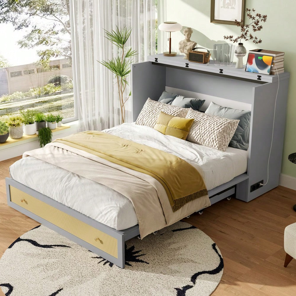 Schrankbett, 140 x 200, Mobiles Schrankbett mit Schubladen am Bettende und Regal am Kopfende des Bettes, mit USB und Steckdose, Umbaubares Plattformbett, Ohne Matratze, Grau