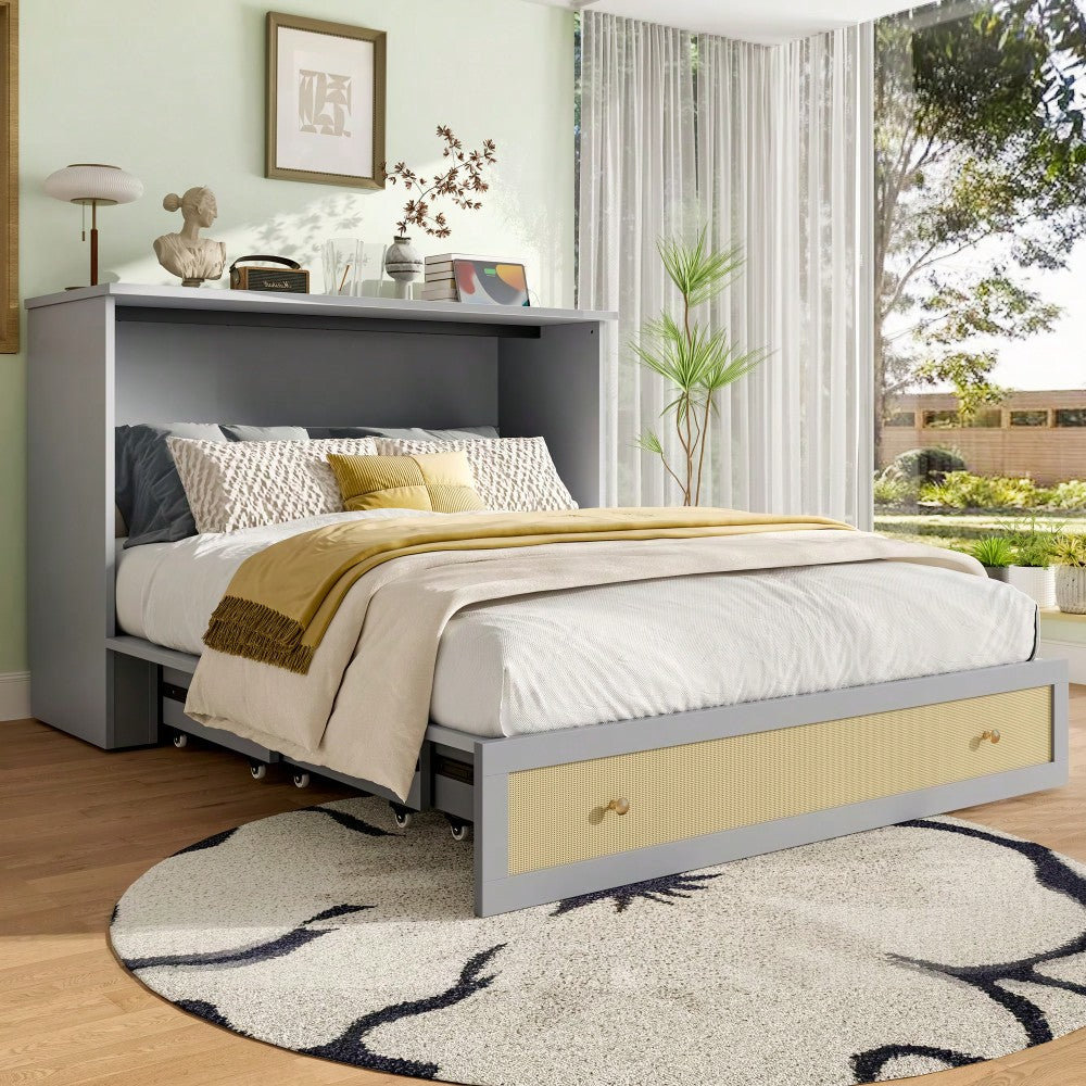 Schrankbett, 140 x 200, Mobiles Schrankbett mit Schubladen am Bettende und Regal am Kopfende des Bettes, mit USB und Steckdose, Umbaubares Plattformbett, Ohne Matratze, Grau