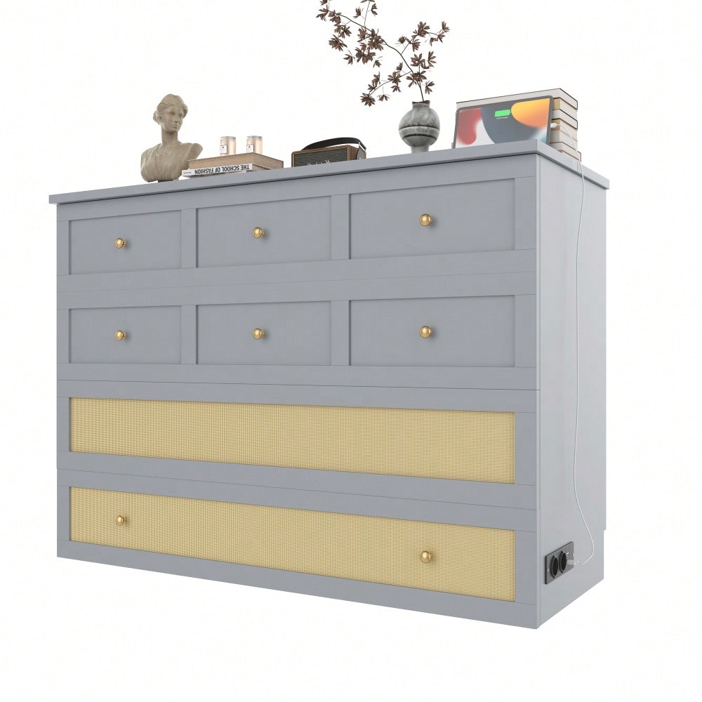 Schrankbett, 140 x 200, Mobiles Schrankbett mit Schubladen am Bettende und Regal am Kopfende des Bettes, mit USB und Steckdose, Umbaubares Plattformbett, Ohne Matratze, Grau