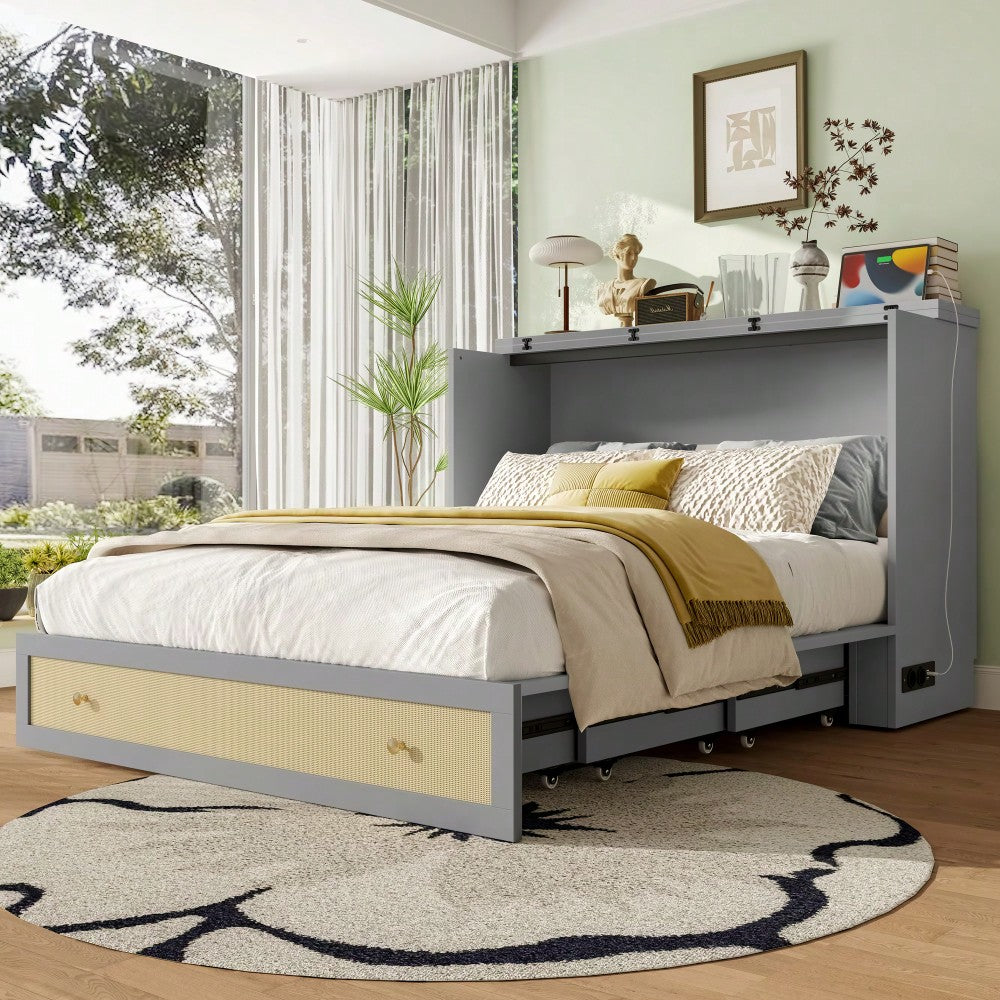 Schrankbett, 140 x 200, Mobiles Schrankbett mit Schubladen am Bettende und Regal am Kopfende des Bettes, mit USB und Steckdose, Umbaubares Plattformbett, Ohne Matratze, Grau