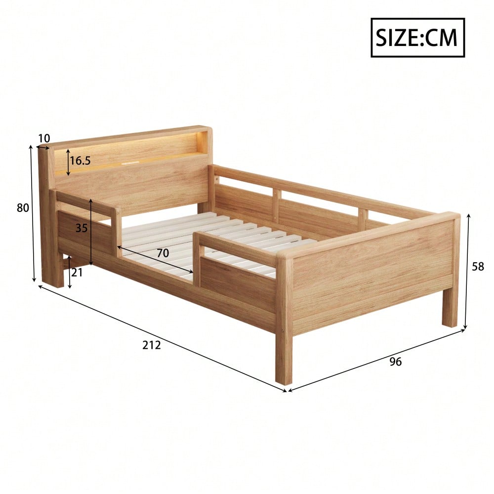 Holzbett 90 x 200 cm, USB- und Tape-C-Kombi-Steckdose, kleine LED-Leuchte, Kopfteil mit Ablagefunktion, Kinderbett, Einzelbett, Multifunktionsbett,Kiefernholz, Holzfarbe