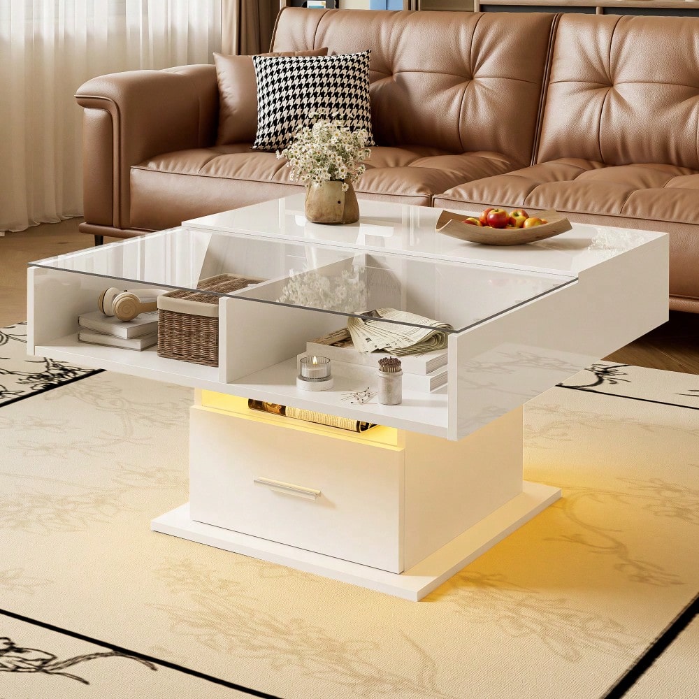 Multifunktionaler Hochglanz-Lift-Couchtisch mit LED-Beleuchtung, verstellbarer Höhe & flexiblem Stauraum – modernes Design für Wohnzimmer, Büro & kleine Wohnungen