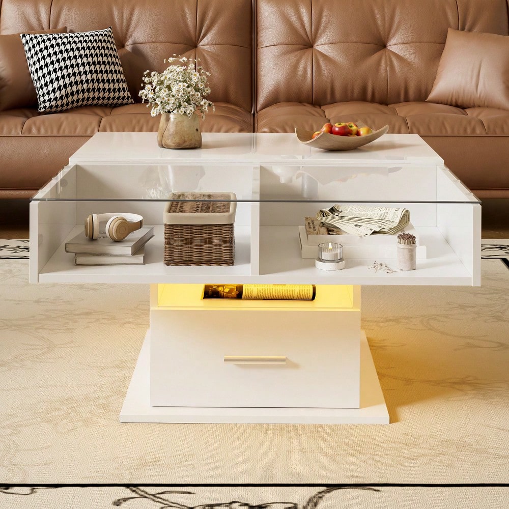 Multifunktionaler Hochglanz-Lift-Couchtisch mit LED-Beleuchtung, verstellbarer Höhe & flexiblem Stauraum – modernes Design für Wohnzimmer, Büro & kleine Wohnungen