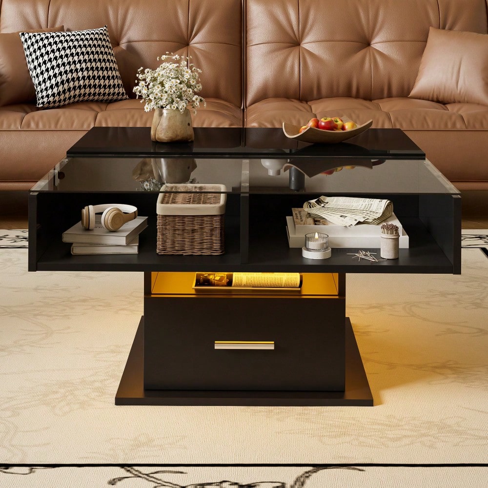 Multifunktionaler Hochglanz-Lift-Couchtisch mit LED-Beleuchtung, verstellbarer Höhe & flexiblem Stauraum – modernes Design für Wohnzimmer, Büro & kleine Wohnungen