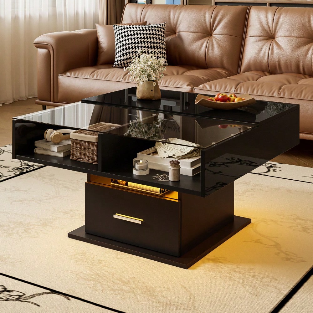 Multifunktionaler Hochglanz-Lift-Couchtisch mit LED-Beleuchtung, verstellbarer Höhe & flexiblem Stauraum – modernes Design für Wohnzimmer, Büro & kleine Wohnungen