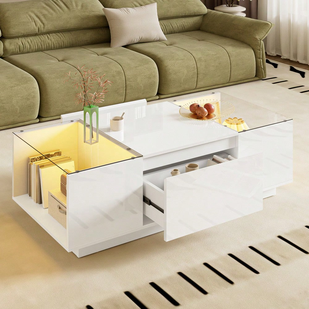 105 cm moderner, minimalistischer Couchtisch mit Stauraum, LED-Stimmungsbeleuchtung, Glasplatte und 2 Schubladen