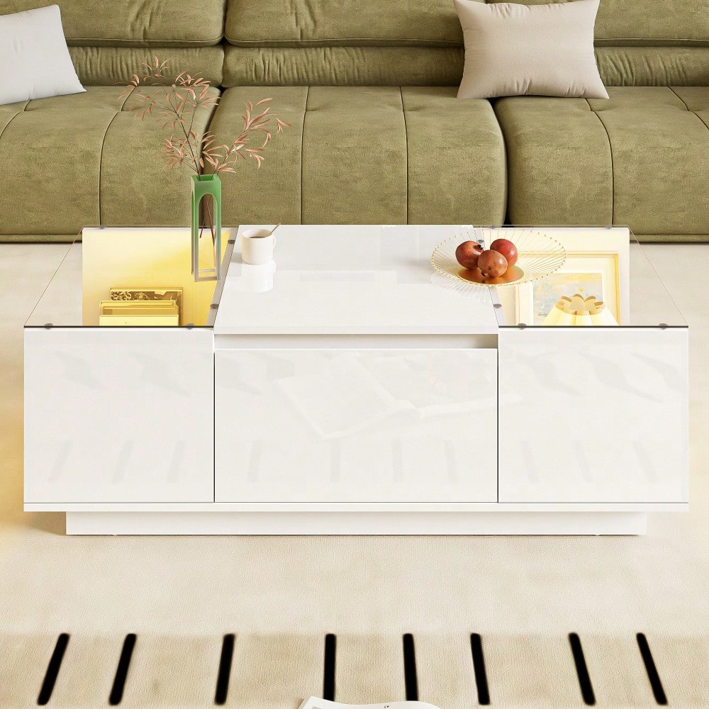 105 cm moderner, minimalistischer Couchtisch mit Stauraum, LED-Stimmungsbeleuchtung, Glasplatte und 2 Schubladen