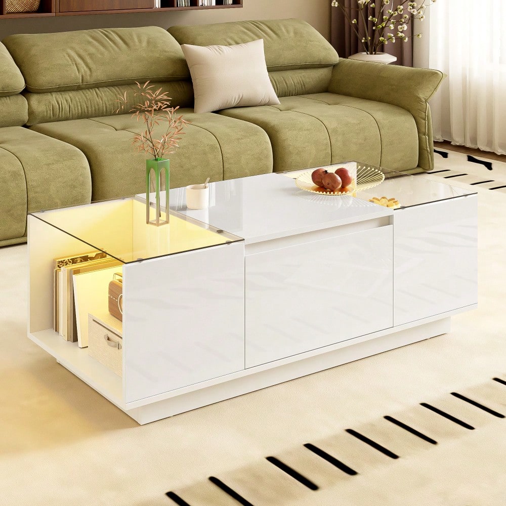 105 cm moderner, minimalistischer Couchtisch mit Stauraum, LED-Stimmungsbeleuchtung, Glasplatte und 2 Schubladen