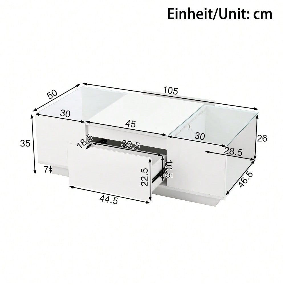 105 cm moderner, minimalistischer Couchtisch mit Stauraum, LED-Stimmungsbeleuchtung, Glasplatte und 2 Schubladen