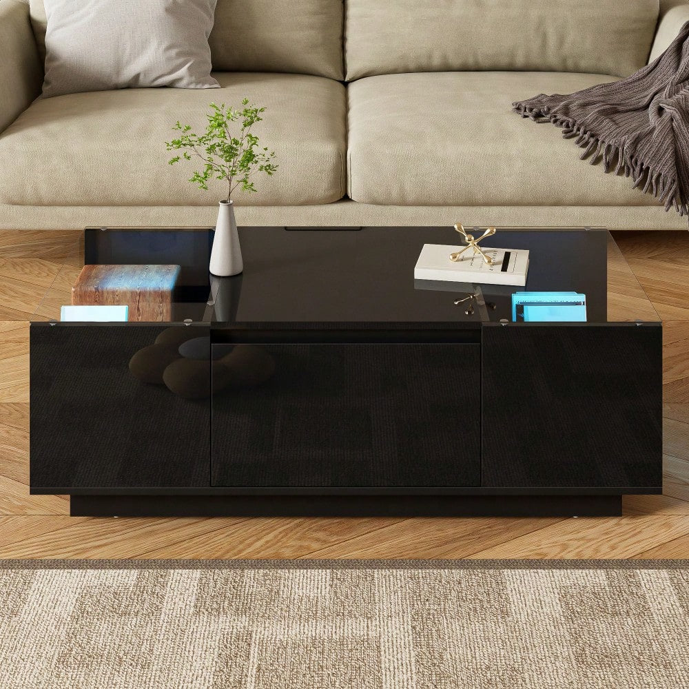 105 cm moderner, minimalistischer Couchtisch mit Stauraum, LED-Stimmungsbeleuchtung, Glasplatte und 2 Schubladen
