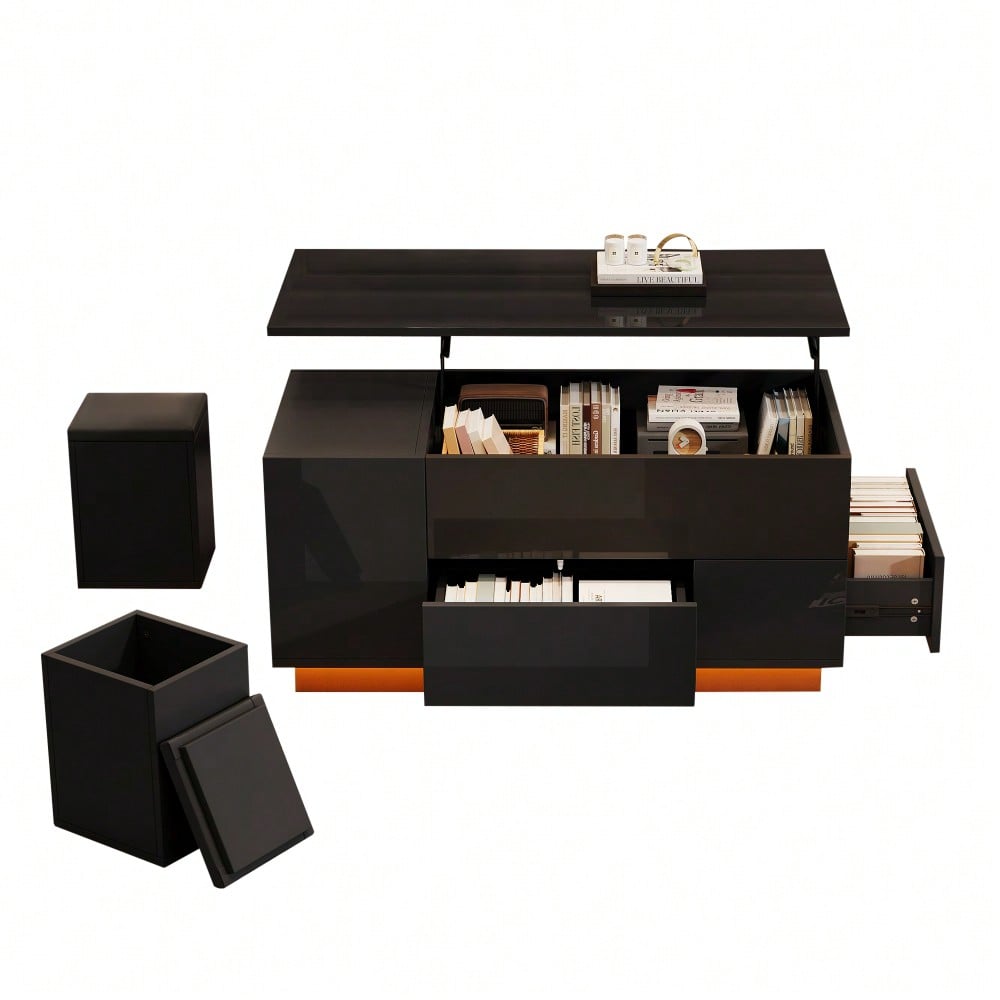 100*50*45cm Couchtisch 4-in-1 höhenverstellbarer Sofatisch mit LED, kaffeetisch mit 2 Schubladen,Hochglanztisch mit Sofa und 2 Hockern,Beistelltisch mit verstecktem Stauraum,Tragkraft bis 50kg,Schwarz