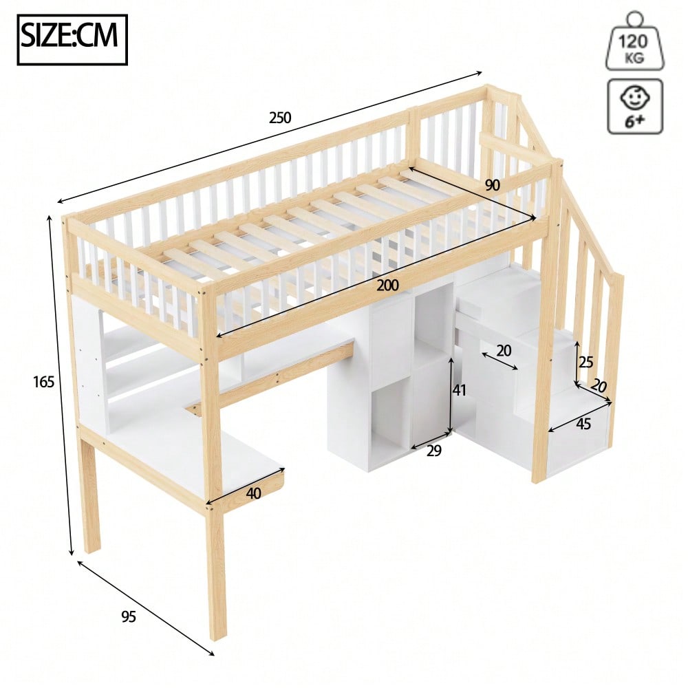 Hochbett, 90*200cm, Mit LED-Leuchten, Ablageleiter, Regale, Ablagefächer, Schreibtisch, ohne Matratze, Weiß+Natur