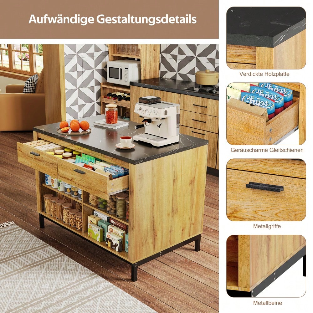 120×75×90cm, Kücheninsel im Landhausstil – Kücheninsel mit 2 Schubladen und 4 offenen Regalen, Eichenholzmaserung, schwarzer Marmor-Arbeitsplatte, Metallgestell, Rückseite mit Barbereich