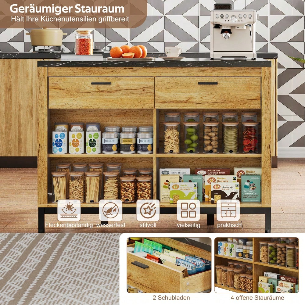120×75×90cm, Kücheninsel im Landhausstil – Kücheninsel mit 2 Schubladen und 4 offenen Regalen, Eichenholzmaserung, schwarzer Marmor-Arbeitsplatte, Metallgestell, Rückseite mit Barbereich