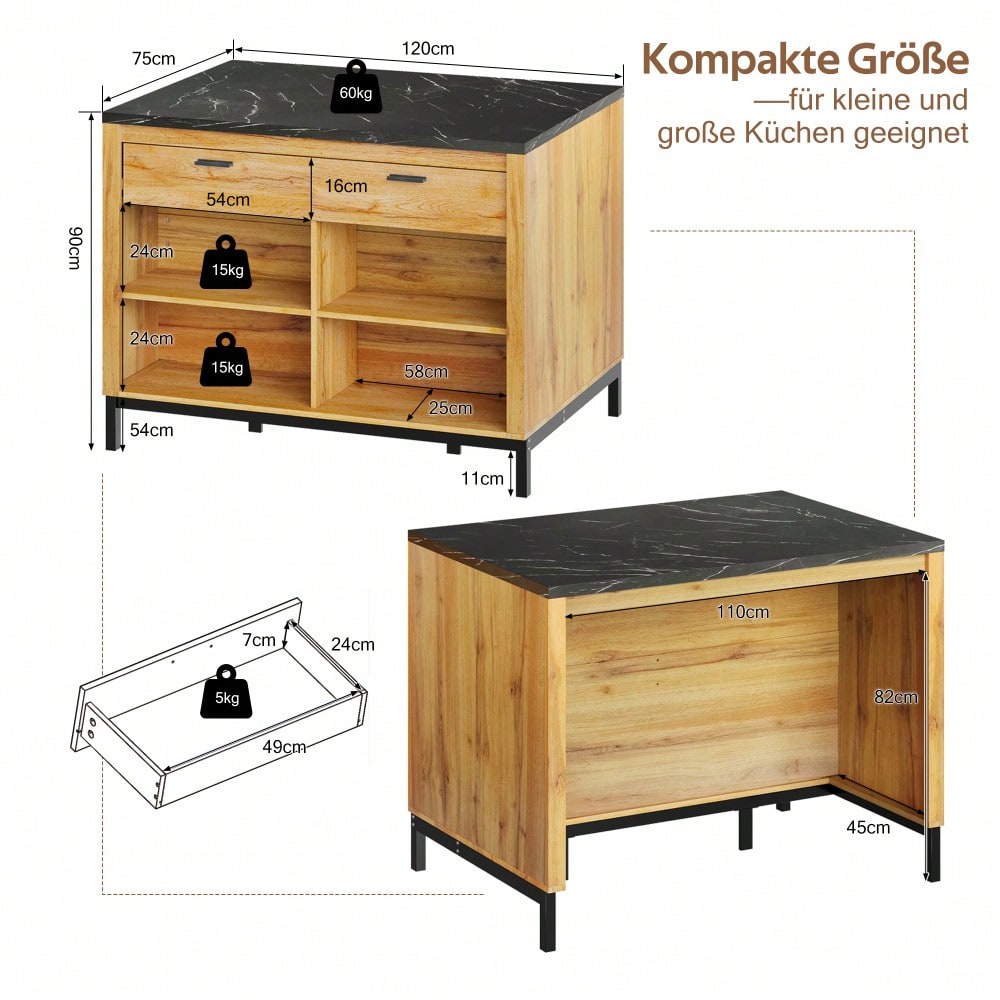 120×75×90cm, Kücheninsel im Landhausstil – Kücheninsel mit 2 Schubladen und 4 offenen Regalen, Eichenholzmaserung, schwarzer Marmor-Arbeitsplatte, Metallgestell, Rückseite mit Barbereich