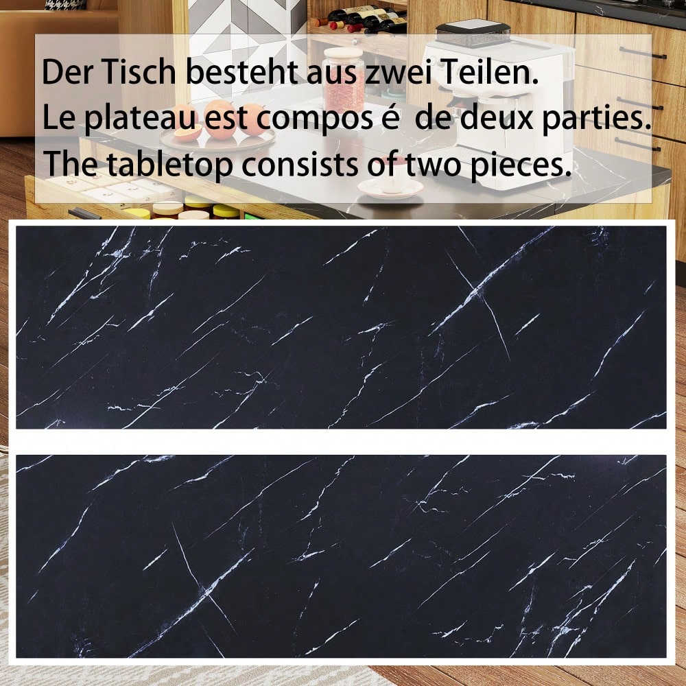 120×75×90cm, Kücheninsel im Landhausstil – Kücheninsel mit 2 Schubladen und 4 offenen Regalen, Eichenholzmaserung, schwarzer Marmor-Arbeitsplatte, Metallgestell, Rückseite mit Barbereich