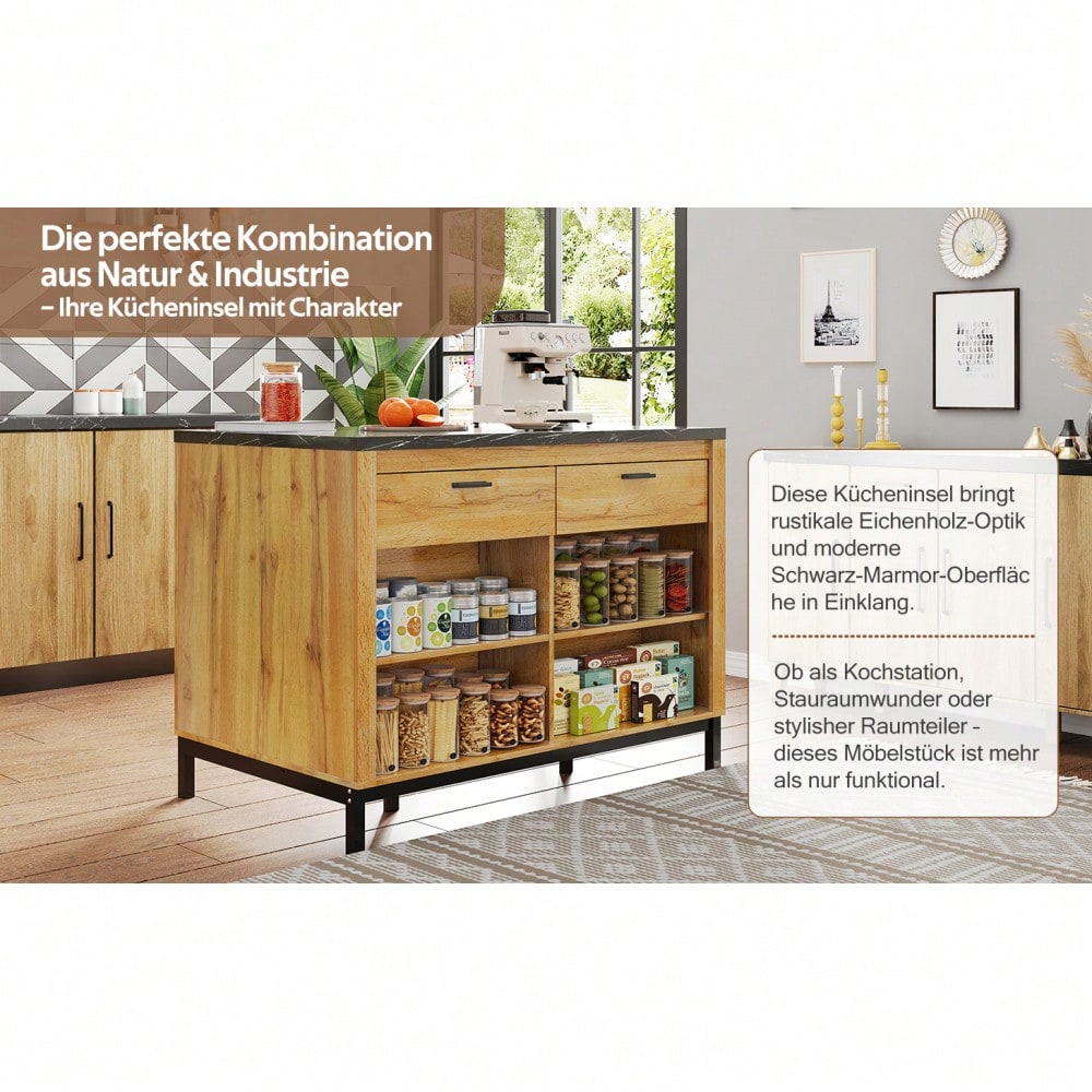 120×75×90cm, Kücheninsel im Landhausstil – Kücheninsel mit 2 Schubladen und 4 offenen Regalen, Eichenholzmaserung, schwarzer Marmor-Arbeitsplatte, Metallgestell, Rückseite mit Barbereich