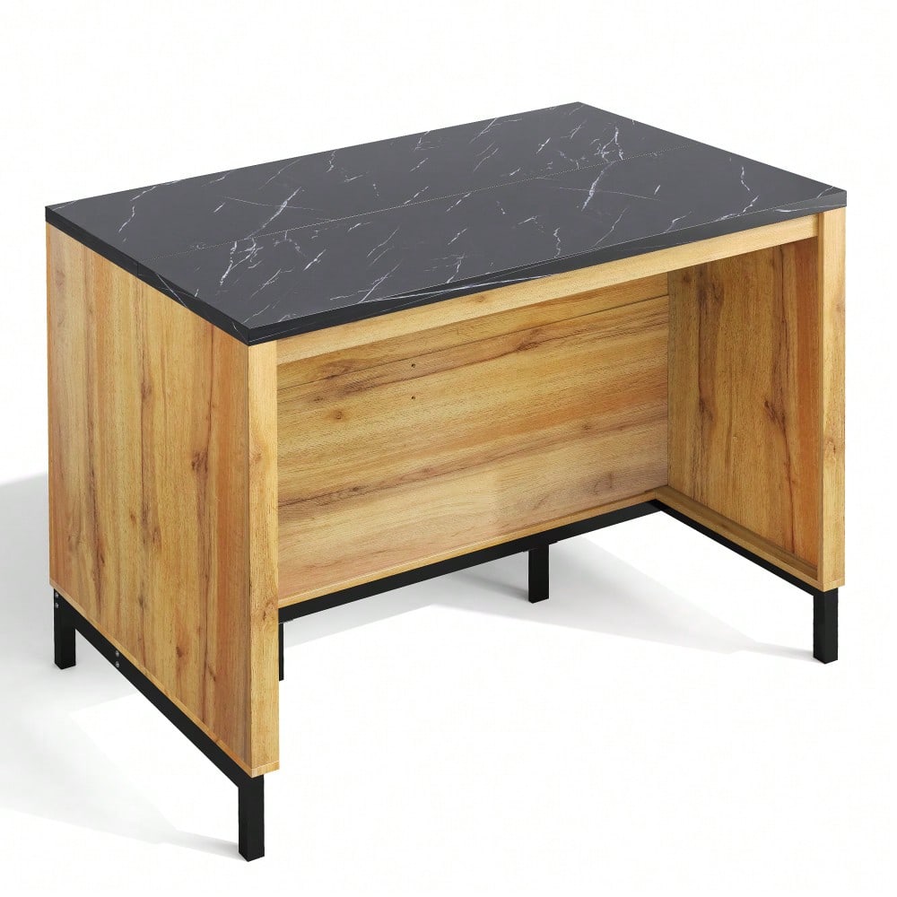 120×75×90cm, Kücheninsel im Landhausstil – Kücheninsel mit 2 Schubladen und 4 offenen Regalen, Eichenholzmaserung, schwarzer Marmor-Arbeitsplatte, Metallgestell, Rückseite mit Barbereich