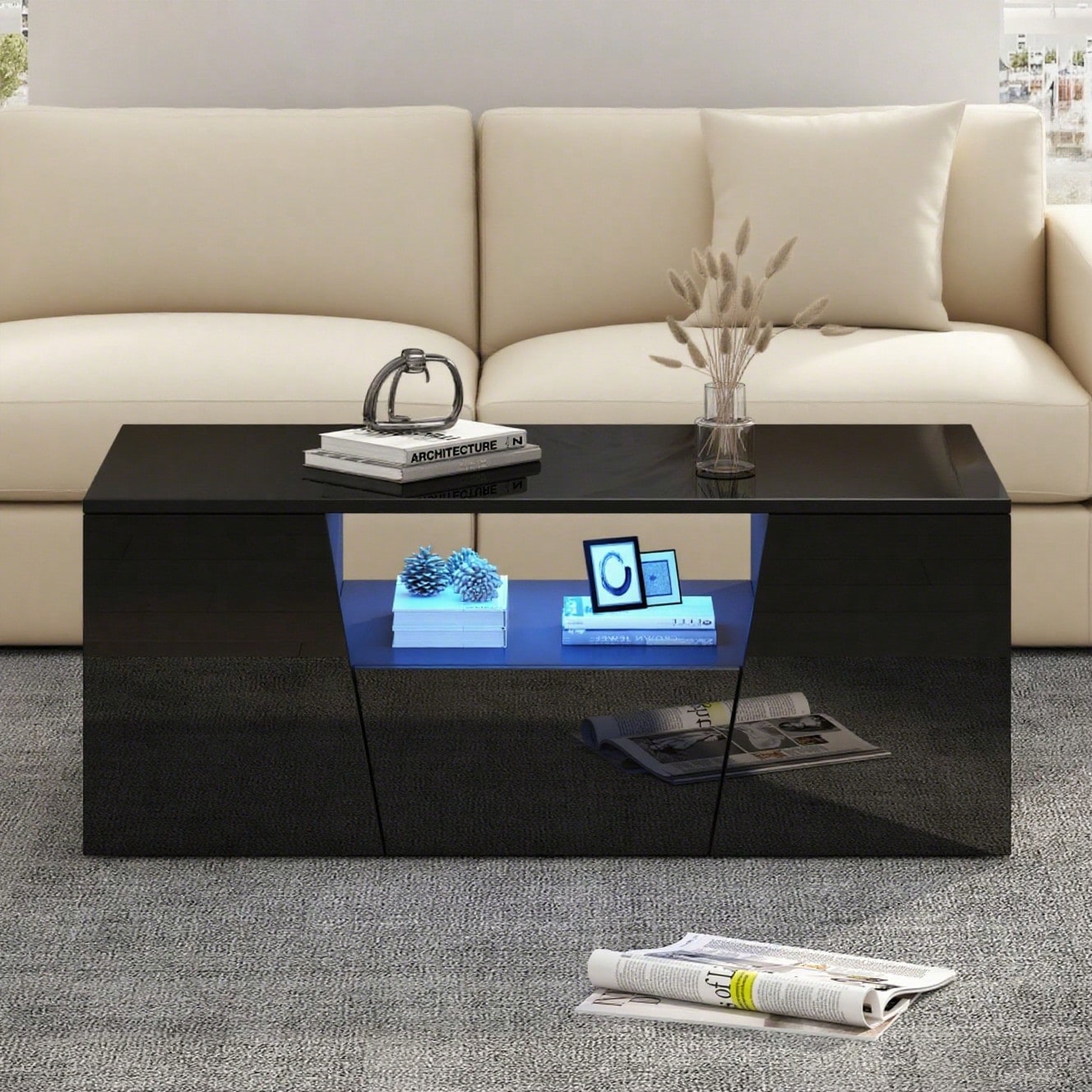 100*50*40cm couchtisch, sofatisch mit LED licht, Hochglanz-wohnzimmertisch mit 2 schränke, Beistelltisch, kaffeetisch mit 1 schublade,Unregelmäßiges Design, schwarz