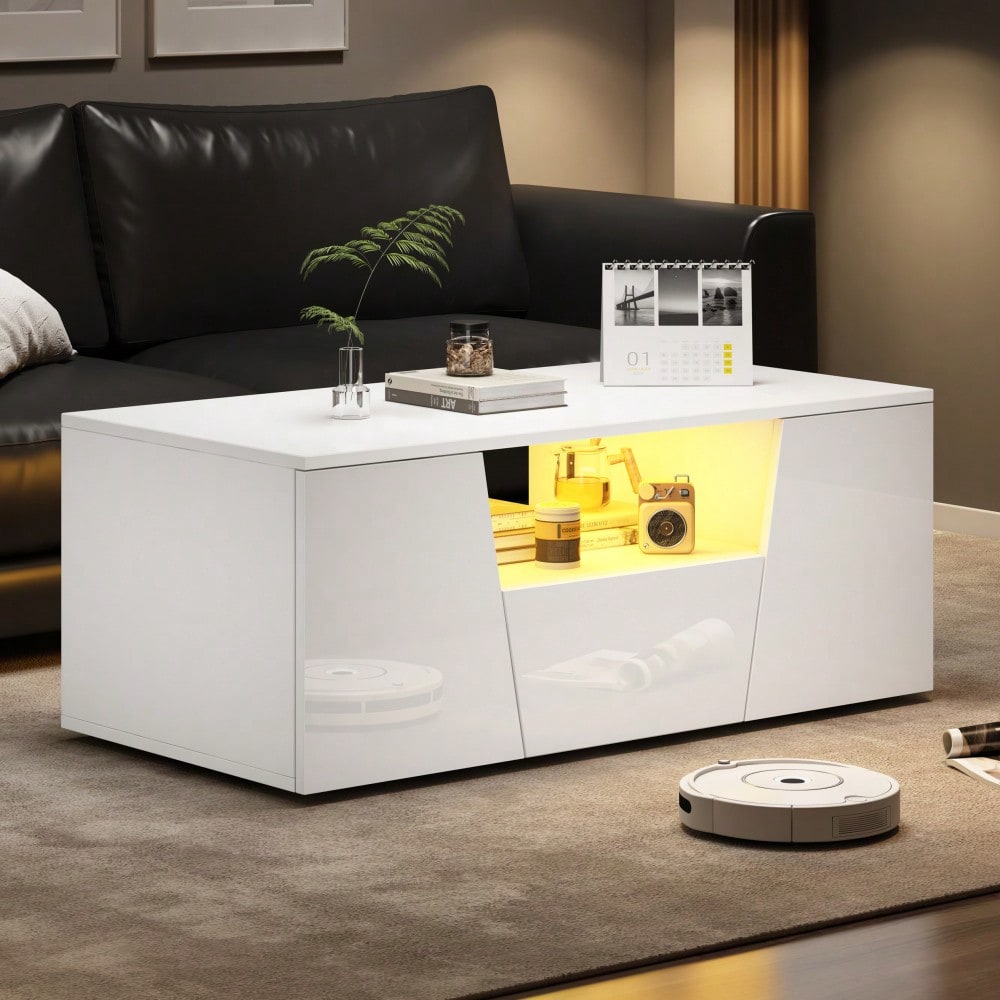 100*50*40cm couchtisch, sofatisch mit LED licht, Hochglanz-wohnzimmertisch mit 2 schränke, Beistelltisch, kaffeetisch mit 1 schublade,Unregelmäßiges Design, Weiß