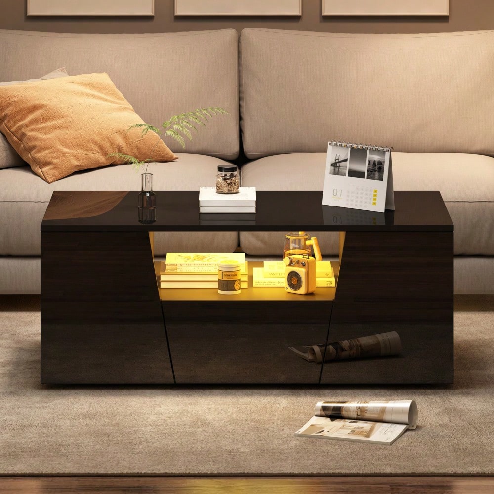 100*50*40cm couchtisch, sofatisch mit LED licht, Hochglanz-wohnzimmertisch mit 2 schränke, Beistelltisch, kaffeetisch mit 1 schublade,Unregelmäßiges Design, schwarz