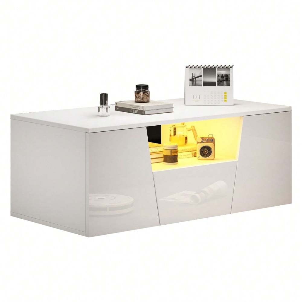 100*50*40cm couchtisch, sofatisch mit LED licht, Hochglanz-wohnzimmertisch mit 2 schränke, Beistelltisch, kaffeetisch mit 1 schublade,Unregelmäßiges Design, Weiß