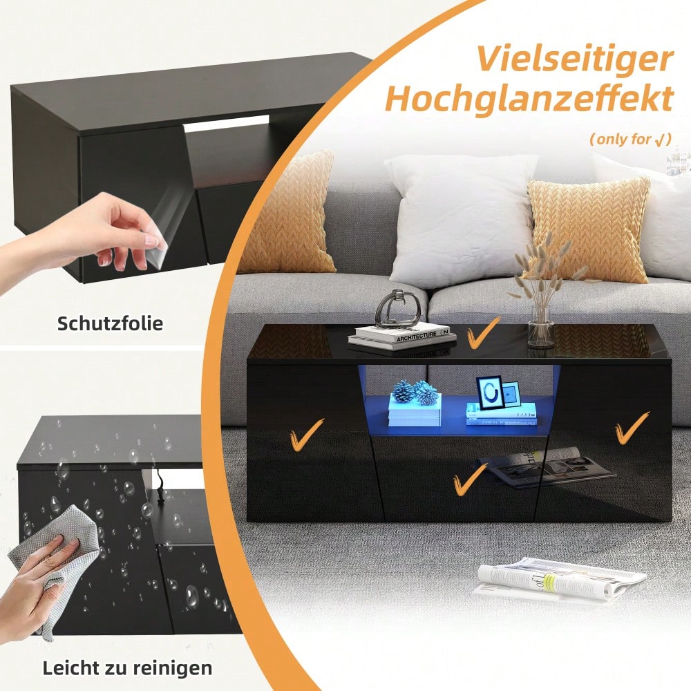 100*50*40cm couchtisch, sofatisch mit LED licht, Hochglanz-wohnzimmertisch mit 2 schränke, Beistelltisch, kaffeetisch mit 1 schublade,Unregelmäßiges Design, schwarz