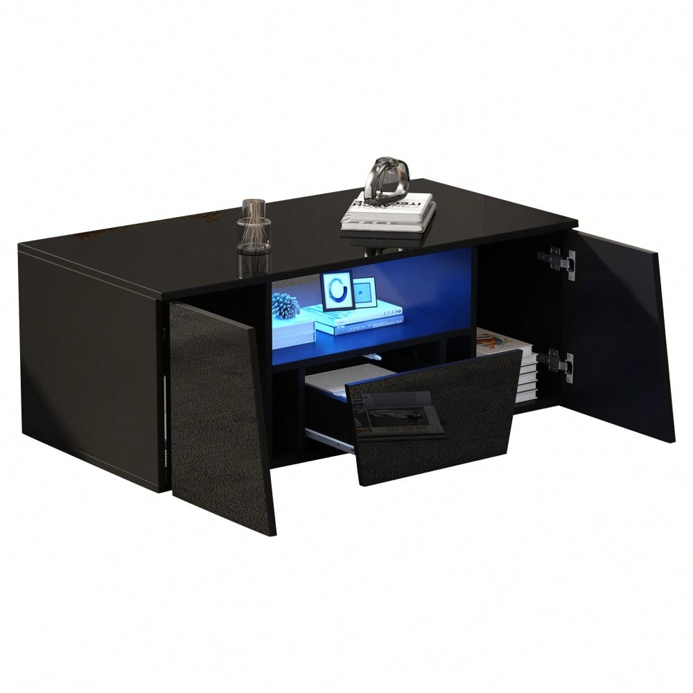 100*50*40cm couchtisch, sofatisch mit LED licht, Hochglanz-wohnzimmertisch mit 2 schränke, Beistelltisch, kaffeetisch mit 1 schublade,Unregelmäßiges Design, schwarz