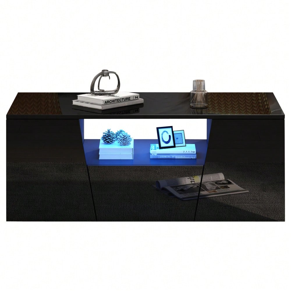 100*50*40cm couchtisch, sofatisch mit LED licht, Hochglanz-wohnzimmertisch mit 2 schränke, Beistelltisch, kaffeetisch mit 1 schublade,Unregelmäßiges Design, schwarz