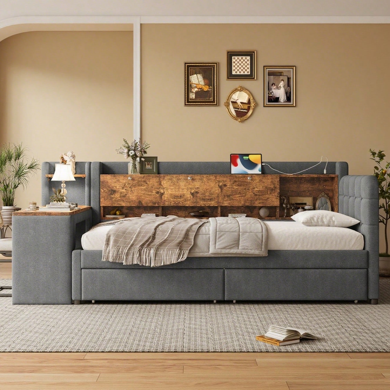 Daybett, 90*200cm, Tagesbett, Schlafsofa, mit 2 Schubladen, Schreibtisch, USB + Typ C, Flip Top Aufbewahrungsfach, Ablagefach, Bett mit Lattenrost (ohne Matratze), Leinen, grau