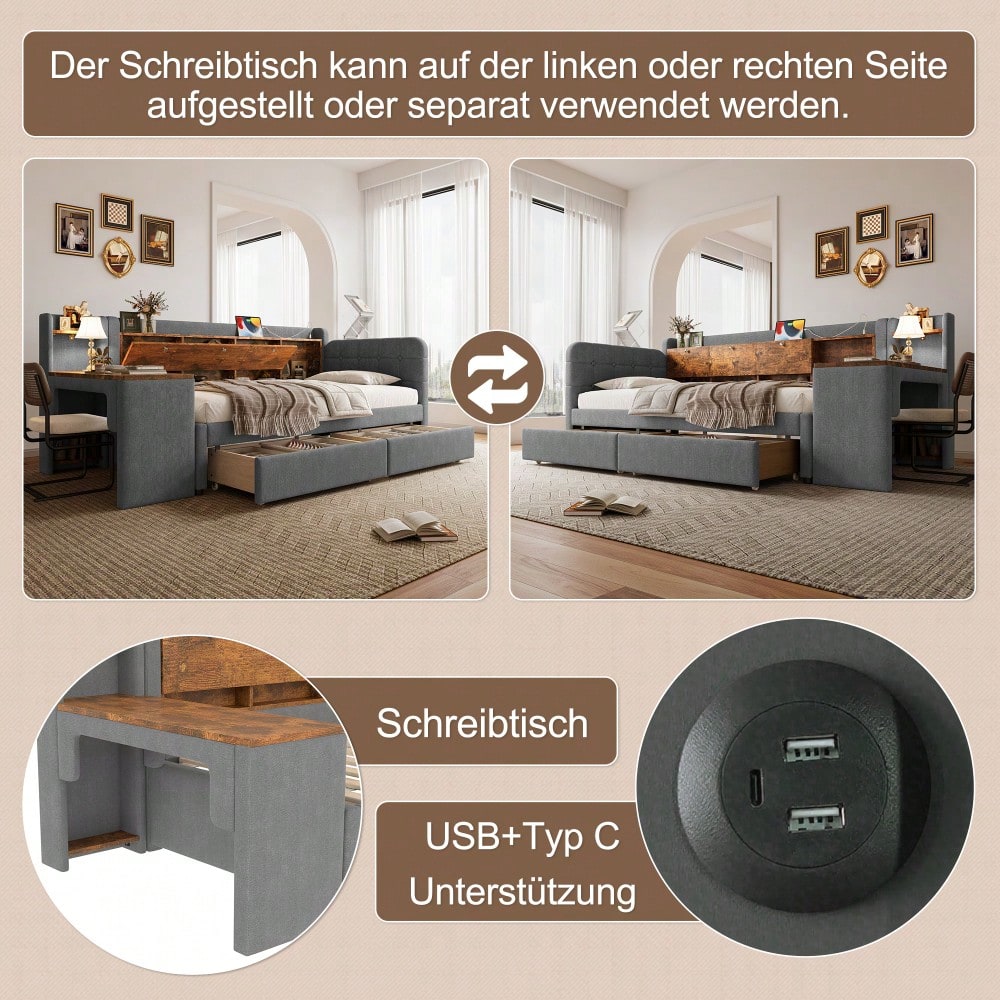 Daybett, 90*200cm, Tagesbett, Schlafsofa, mit 2 Schubladen, Schreibtisch, USB + Typ C, Flip Top Aufbewahrungsfach, Ablagefach, Bett mit Lattenrost (ohne Matratze), Leinen, grau