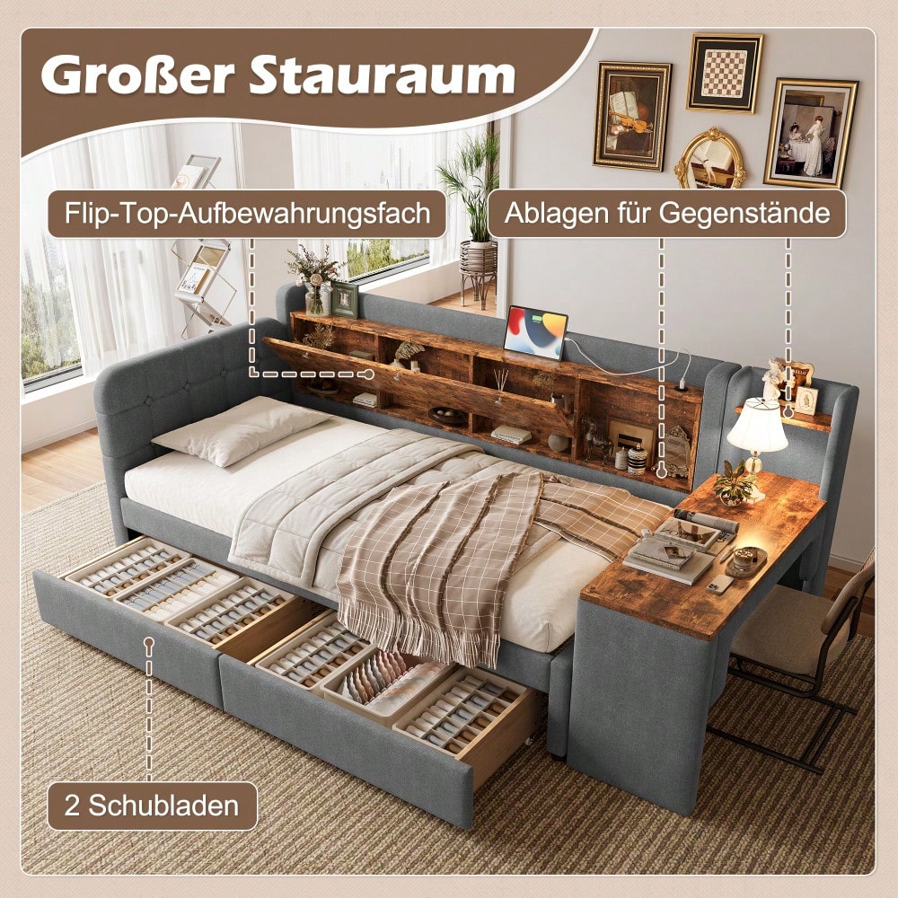 Daybett, 90*200cm, Tagesbett, Schlafsofa, mit 2 Schubladen, Schreibtisch, USB + Typ C, Flip Top Aufbewahrungsfach, Ablagefach, Bett mit Lattenrost (ohne Matratze), Leinen, grau