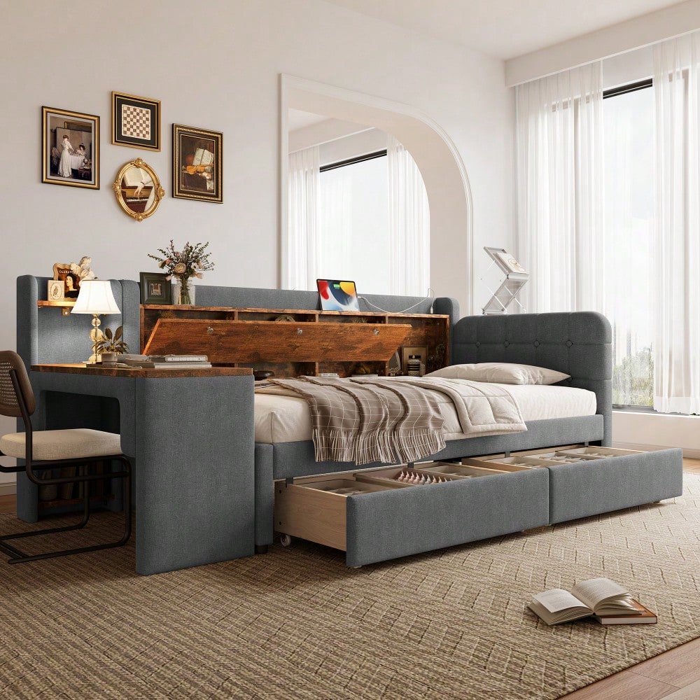 Daybett, 90*200cm, Tagesbett, Schlafsofa, mit 2 Schubladen, Schreibtisch, USB + Typ C, Flip Top Aufbewahrungsfach, Ablagefach, Bett mit Lattenrost (ohne Matratze), Leinen, grau
