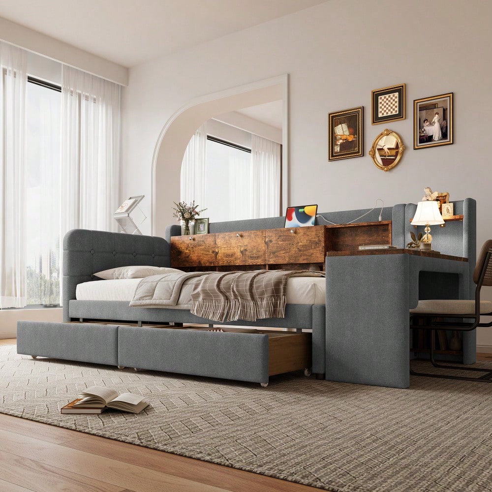 Daybett, 90*200cm, Tagesbett, Schlafsofa, mit 2 Schubladen, Schreibtisch, USB + Typ C, Flip Top Aufbewahrungsfach, Ablagefach, Bett mit Lattenrost (ohne Matratze), Leinen, grau