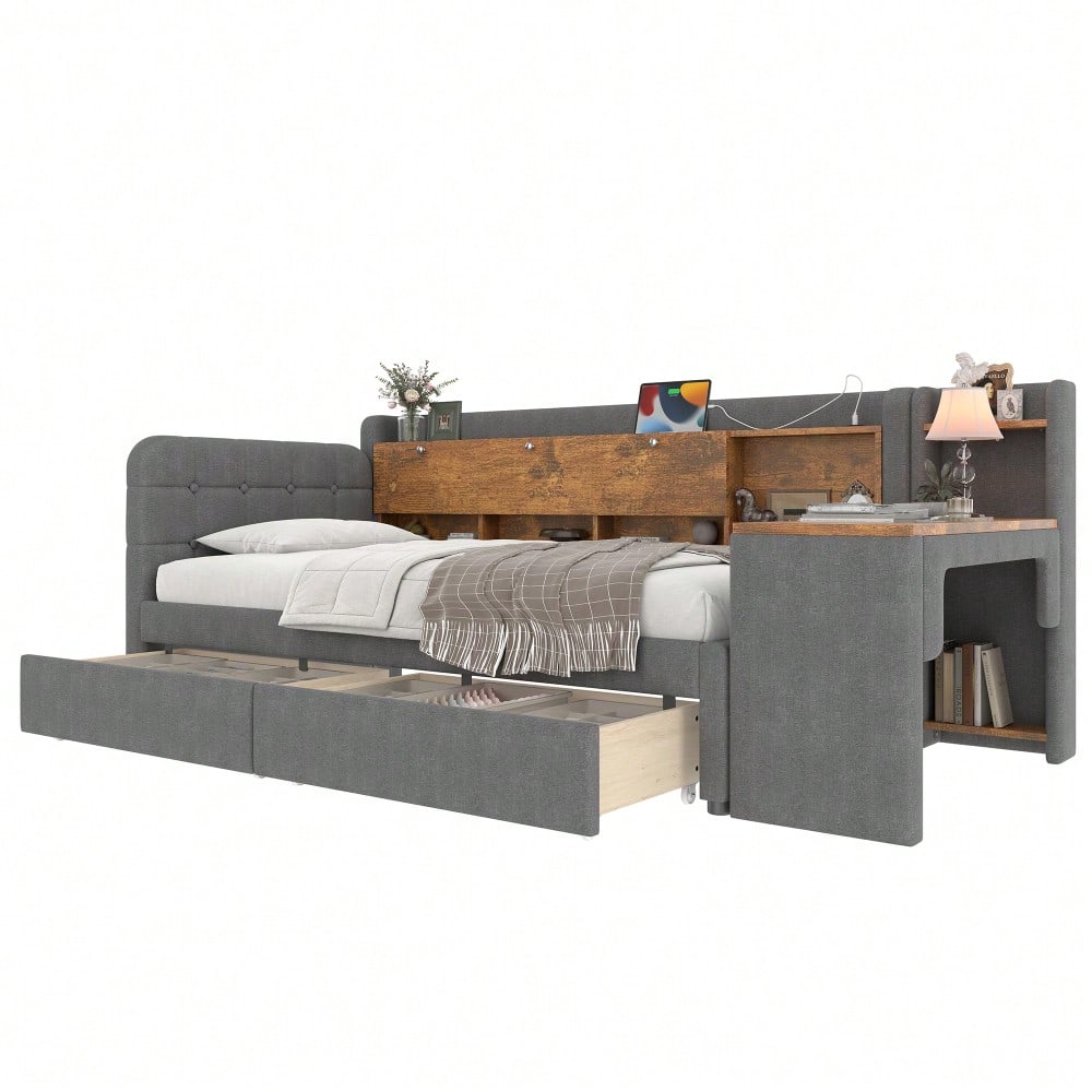 Daybett, 90*200cm, Tagesbett, Schlafsofa, mit 2 Schubladen, Schreibtisch, USB + Typ C, Flip Top Aufbewahrungsfach, Ablagefach, Bett mit Lattenrost (ohne Matratze), Leinen, grau