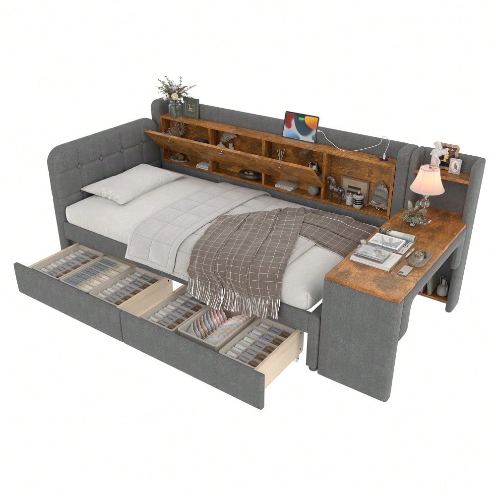 Daybett, 90*200cm, Tagesbett, Schlafsofa, mit 2 Schubladen, Schreibtisch, USB + Typ C, Flip Top Aufbewahrungsfach, Ablagefach, Bett mit Lattenrost (ohne Matratze), Leinen, grau