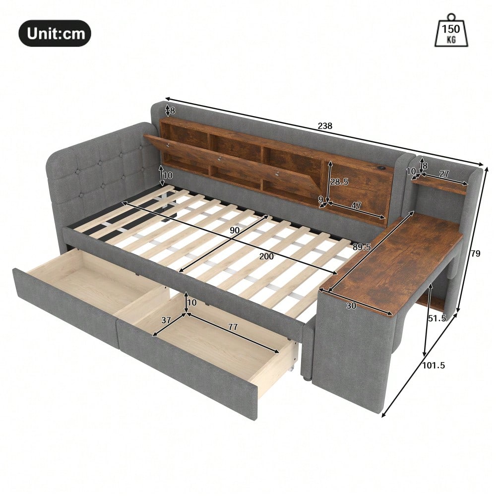 Daybett, 90*200cm, Tagesbett, Schlafsofa, mit 2 Schubladen, Schreibtisch, USB + Typ C, Flip Top Aufbewahrungsfach, Ablagefach, Bett mit Lattenrost (ohne Matratze), Leinen, grau