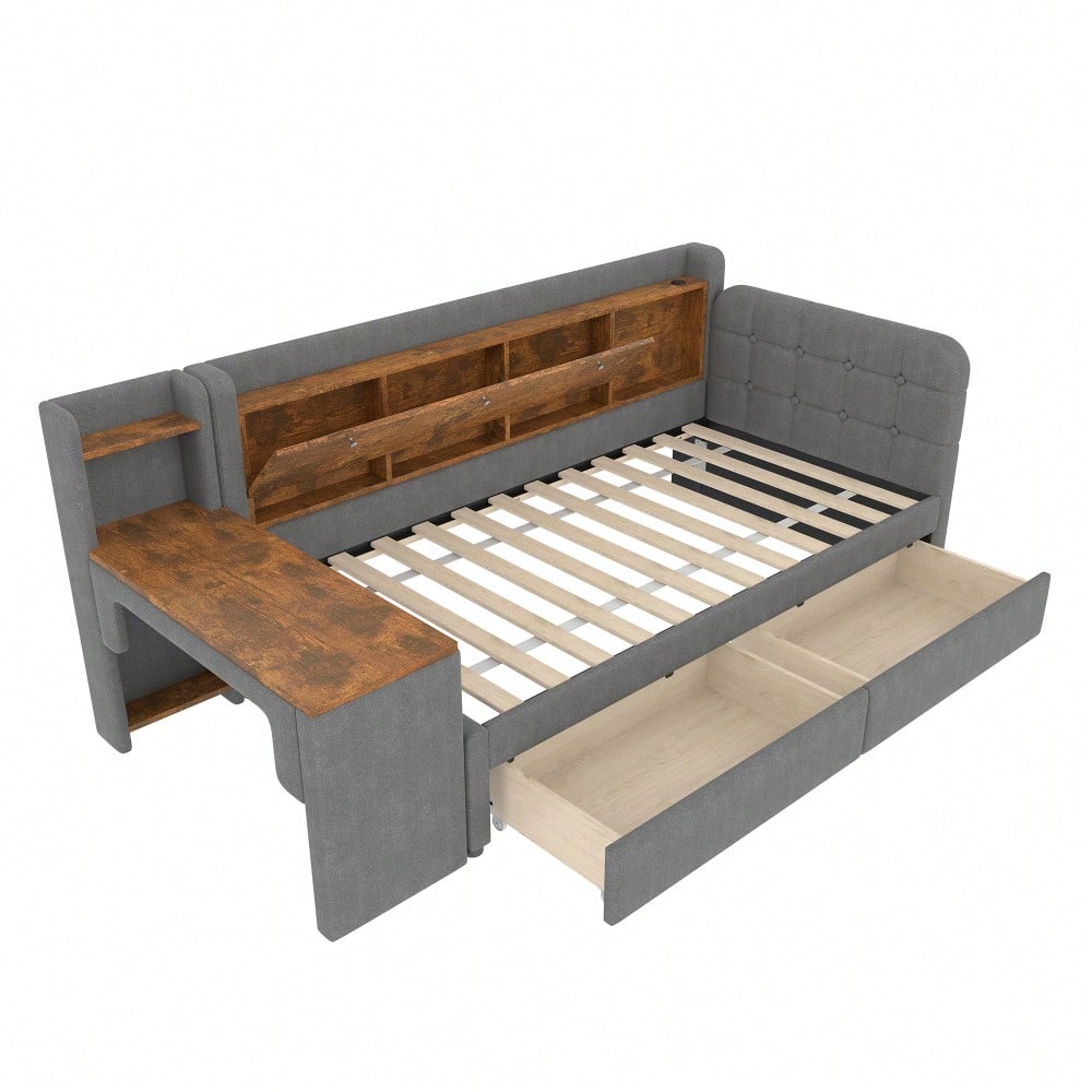 Daybett, 90*200cm, Tagesbett, Schlafsofa, mit 2 Schubladen, Schreibtisch, USB + Typ C, Flip Top Aufbewahrungsfach, Ablagefach, Bett mit Lattenrost (ohne Matratze), Leinen, grau