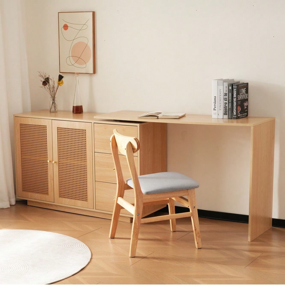 Schreibtisch, L-förmiger Ecktisch, Computertisch mit Rattantüren, Frisiertisch, weiß 126 cm