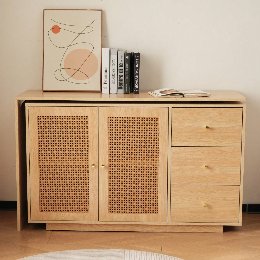 Schreibtisch, L-förmiger Ecktisch, Computertisch mit Rattantüren, Frisiertisch, weiß 126 cm