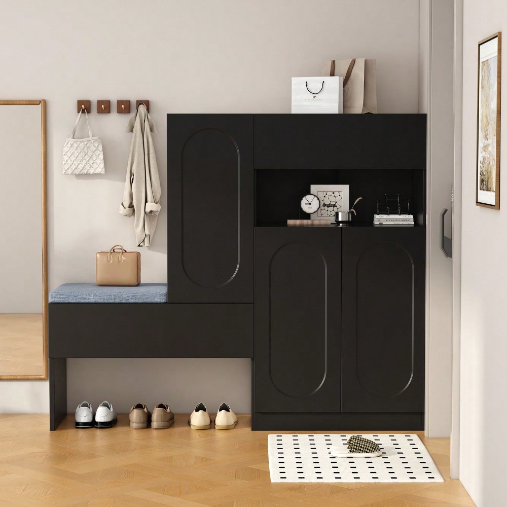 Trendiger 2-in-1 Schuhschrank mit gewölbten Türen – Klapptür mit Soft-Close-Funktion, höhenverstellbaren Fächern und gepolsterter Sitzbank, Schwarz, 130×35×110cm