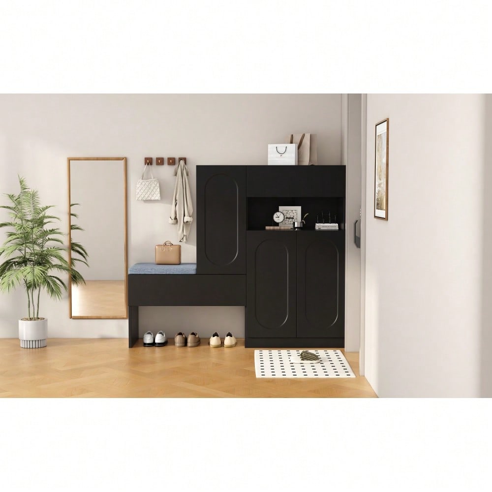 Trendiger 2-in-1 Schuhschrank mit gewölbten Türen – Klapptür mit Soft-Close-Funktion, höhenverstellbaren Fächern und gepolsterter Sitzbank, Schwarz, 130×35×110cm