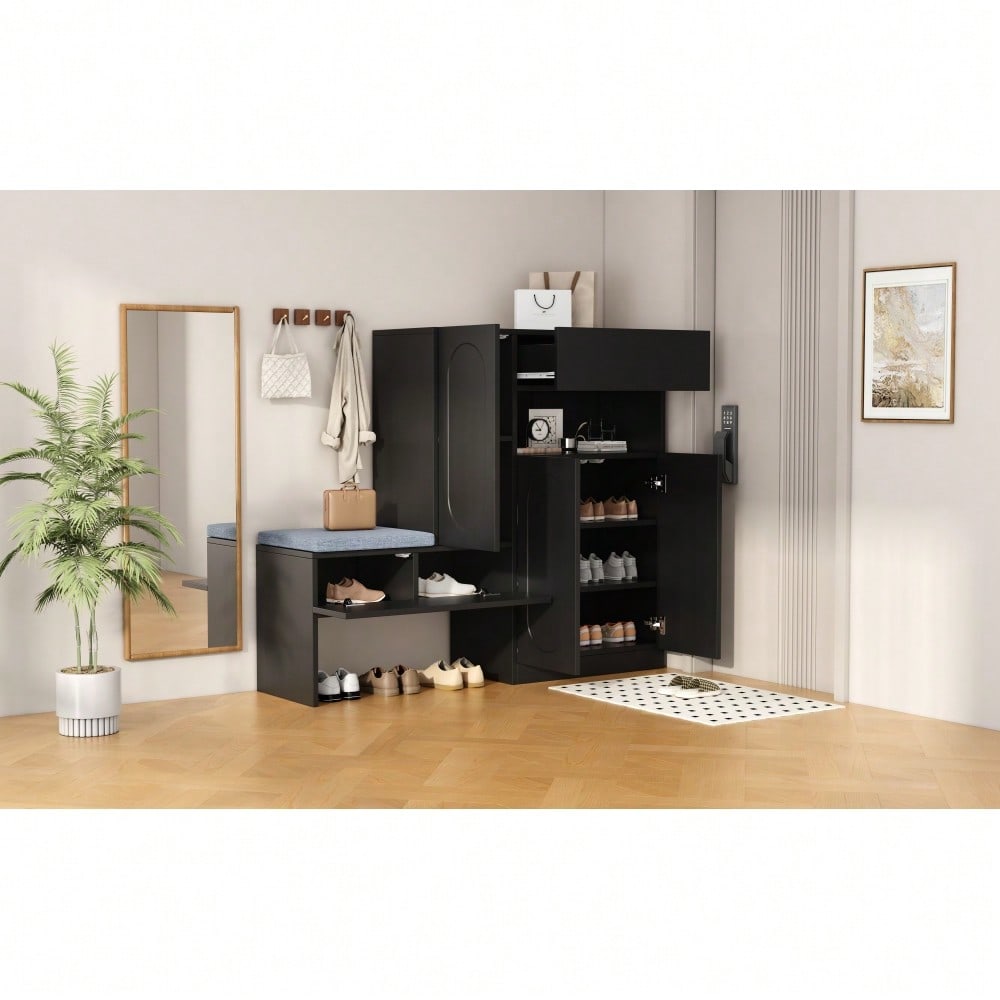 Trendiger 2-in-1 Schuhschrank mit gewölbten Türen – Klapptür mit Soft-Close-Funktion, höhenverstellbaren Fächern und gepolsterter Sitzbank, Schwarz, 130×35×110cm