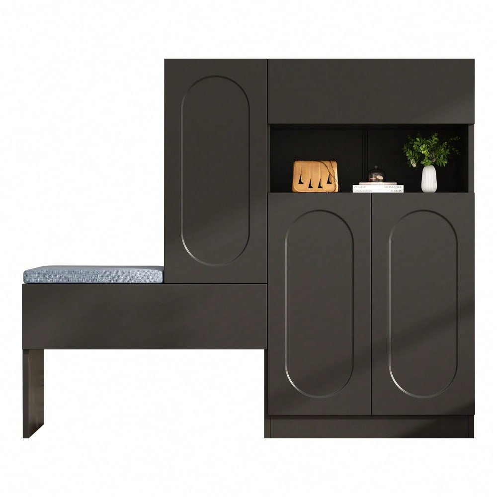 Trendiger 2-in-1 Schuhschrank mit gewölbten Türen – Klapptür mit Soft-Close-Funktion, höhenverstellbaren Fächern und gepolsterter Sitzbank, Schwarz, 130×35×110cm
