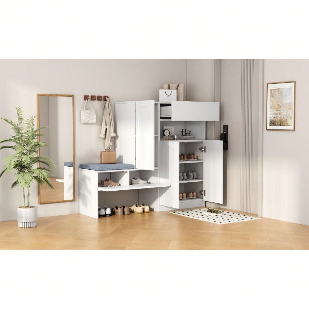Trendiger 2-in-1 Schuhschrank mit gewölbten Türen – Klapptür mit Soft-Close-Funktion, höhenverstellbaren Fächern und gepolsterter Sitzbank,Weiß,130×35×110cm