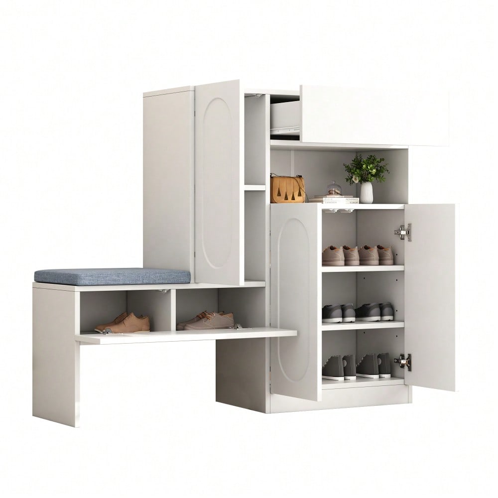 Trendiger 2-in-1 Schuhschrank mit gewölbten Türen – Klapptür mit Soft-Close-Funktion, höhenverstellbaren Fächern und gepolsterter Sitzbank,Weiß,130×35×110cm